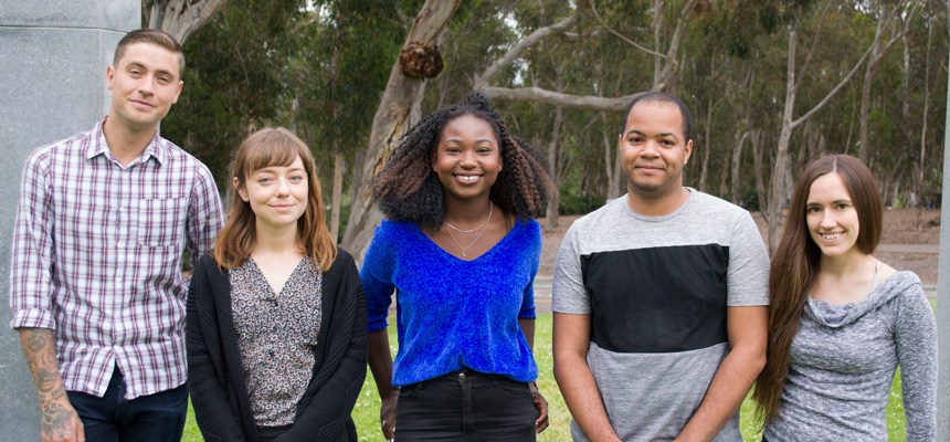 Chris Beierschmitt, Devon Birdseye, Rhea-Comfort Addo, Donte Stevens and Alana Gibson standing side by side on the grass