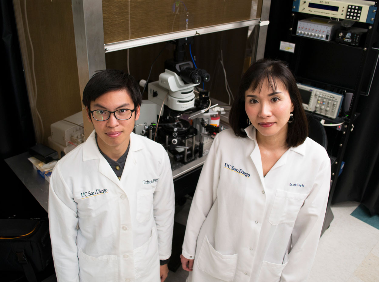 Renny Ng and Assistant Professor Chih-Ying Su standing side-by-side in their white lab coats looking at the camera