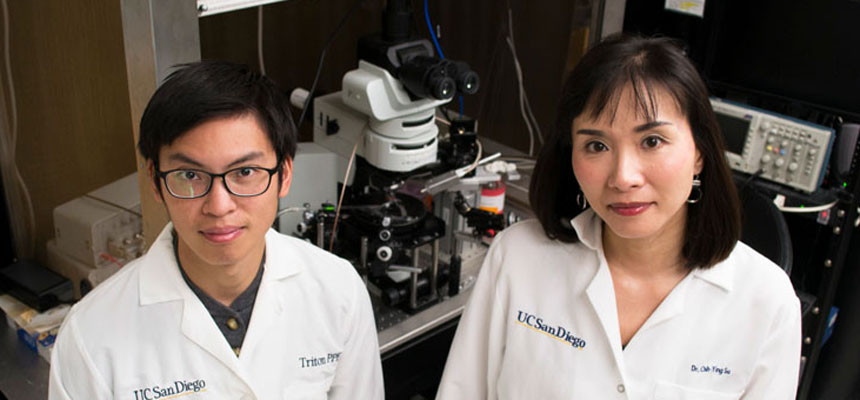 Renny Ng and Assistant Professor Chih-Ying Su standing side-by-side in their white lab coats looking at the camera