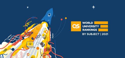 Banner for QS World Ranking by Subject 2021 Graphic rocket flying with different school subject materials flying out of it. 