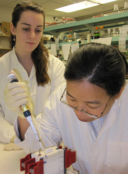 Yan Hu and Sophia Georghiou pipetting