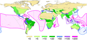 Map showing regions of relative biodiversity. The scale is not described, but the article describes some of the more important regions