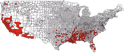 White and black US map with red colored states marking areas infested by Argentine ants