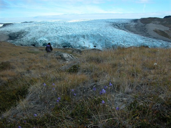 Person sitting in front of glacier