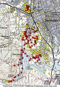 Map showing location of large supercolony (yellow dots), Lake Hodges supercolony (red dots) and observation sites (green triangles) north of San Diego. Map Credit: David Holway, UCSD