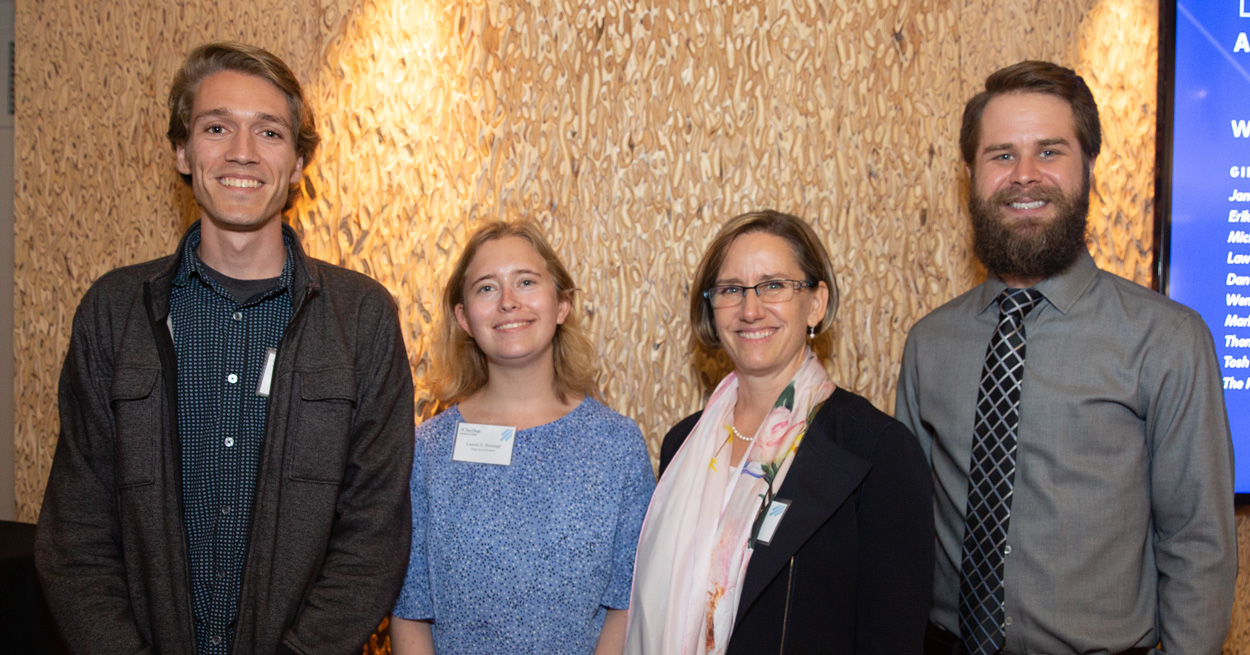 Biological Sciences Dean Kit Pogliano (second from right) with Silagi Award winners Even Saldivar, Lauren Brumage and Michael Carver.