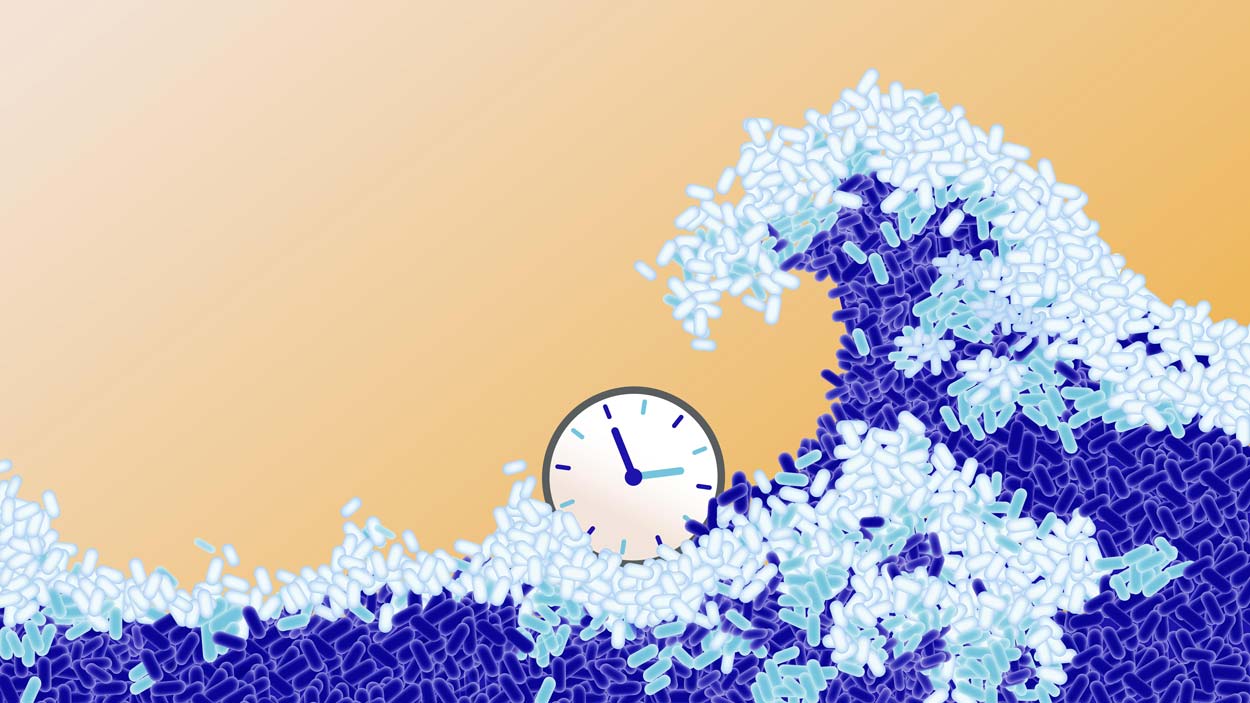 drawing of a wave and a clock