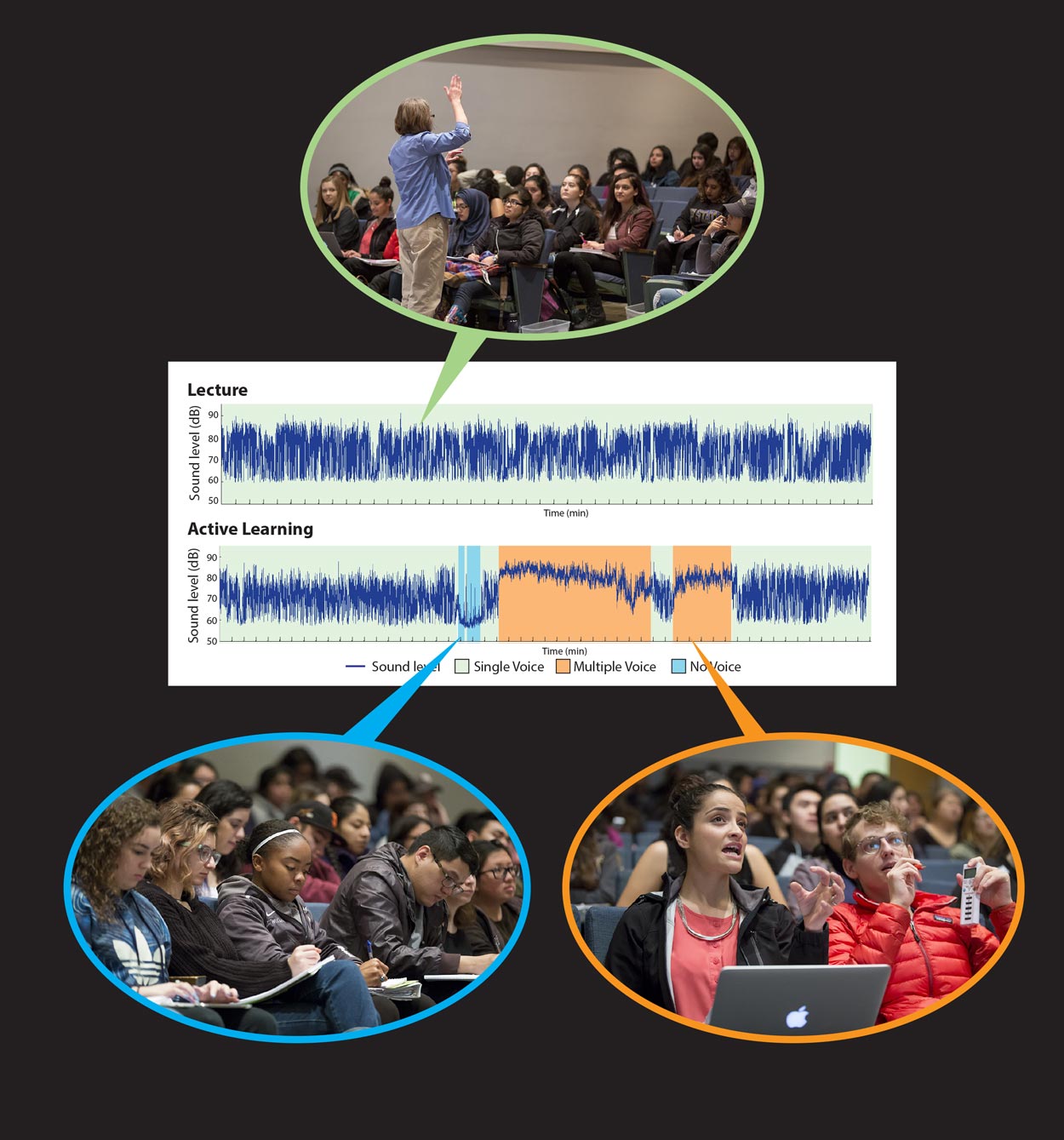 DART uses classroom sound levels (dark blue line) to estimate the extent of 'active learning' by classifying class time into these categories: Single Voice (e.g. lecture), Multiple Voice (e.g. pair and group discussions), and No Voice (e.g. student thinking or writing).